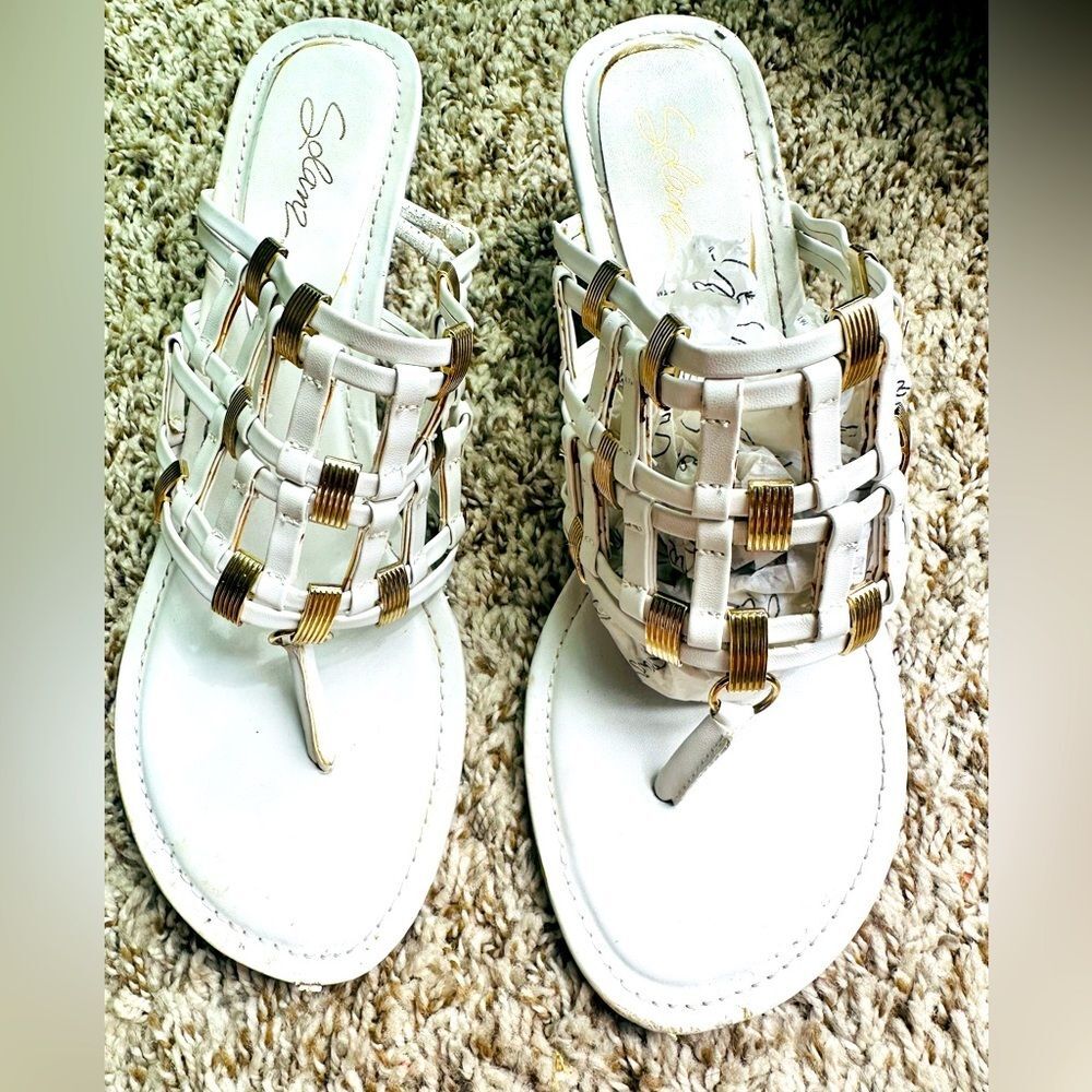 Solanz White & Gold Embroidery Multi Straps Accents Platform Slip on Sandals 9
